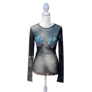Ragstock Sheer Black Mesh Long Sleeve Top with Sequin Shell Accents